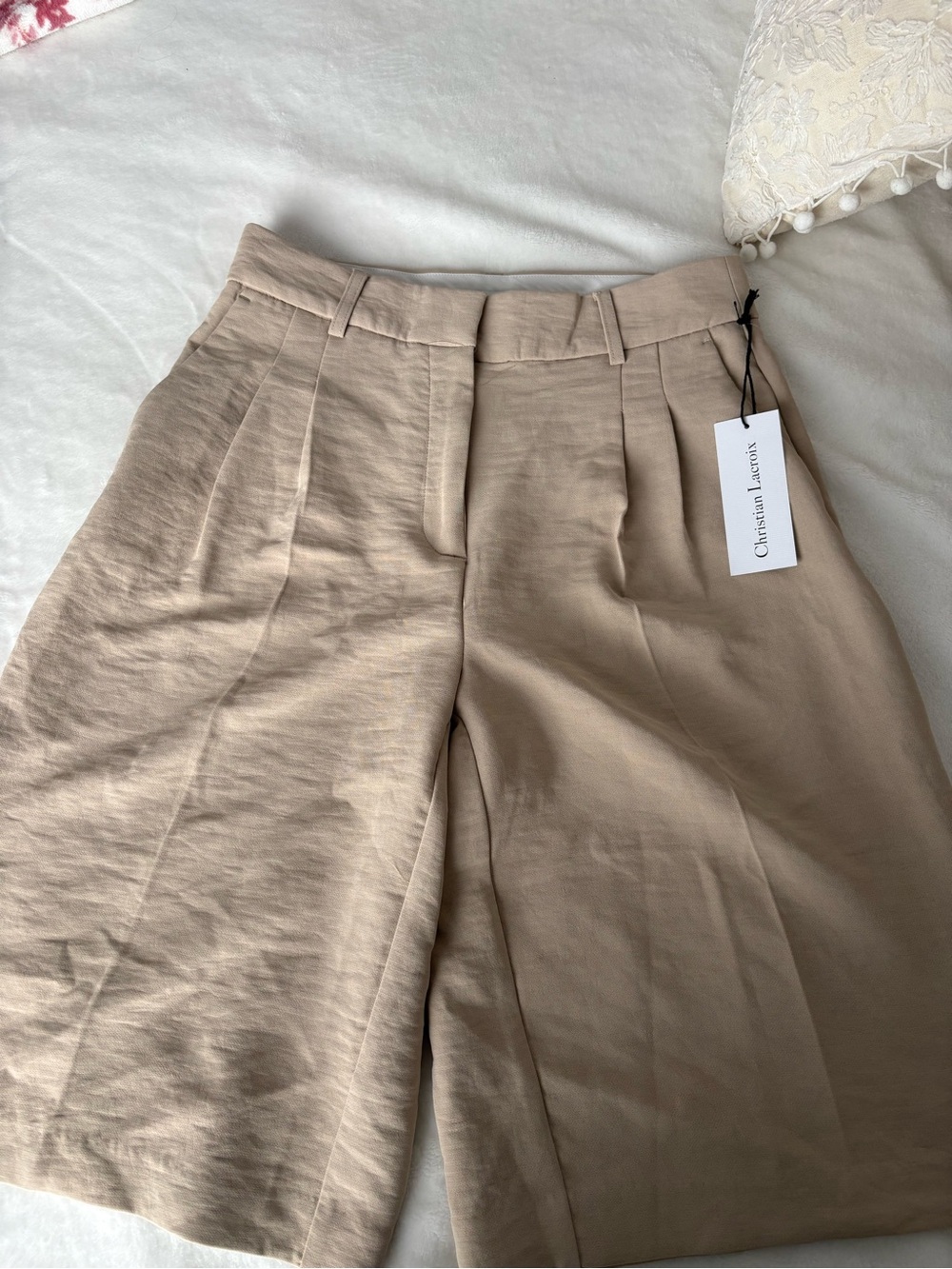 Christian Lacroix Beige Pleated High-Waist Bermuda Shorts